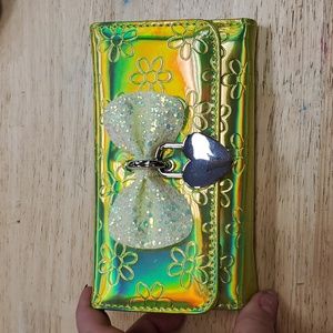 Coquette Lime Iridescent Trifold Wallet Heart Charm Bright and Summery 6x3.5